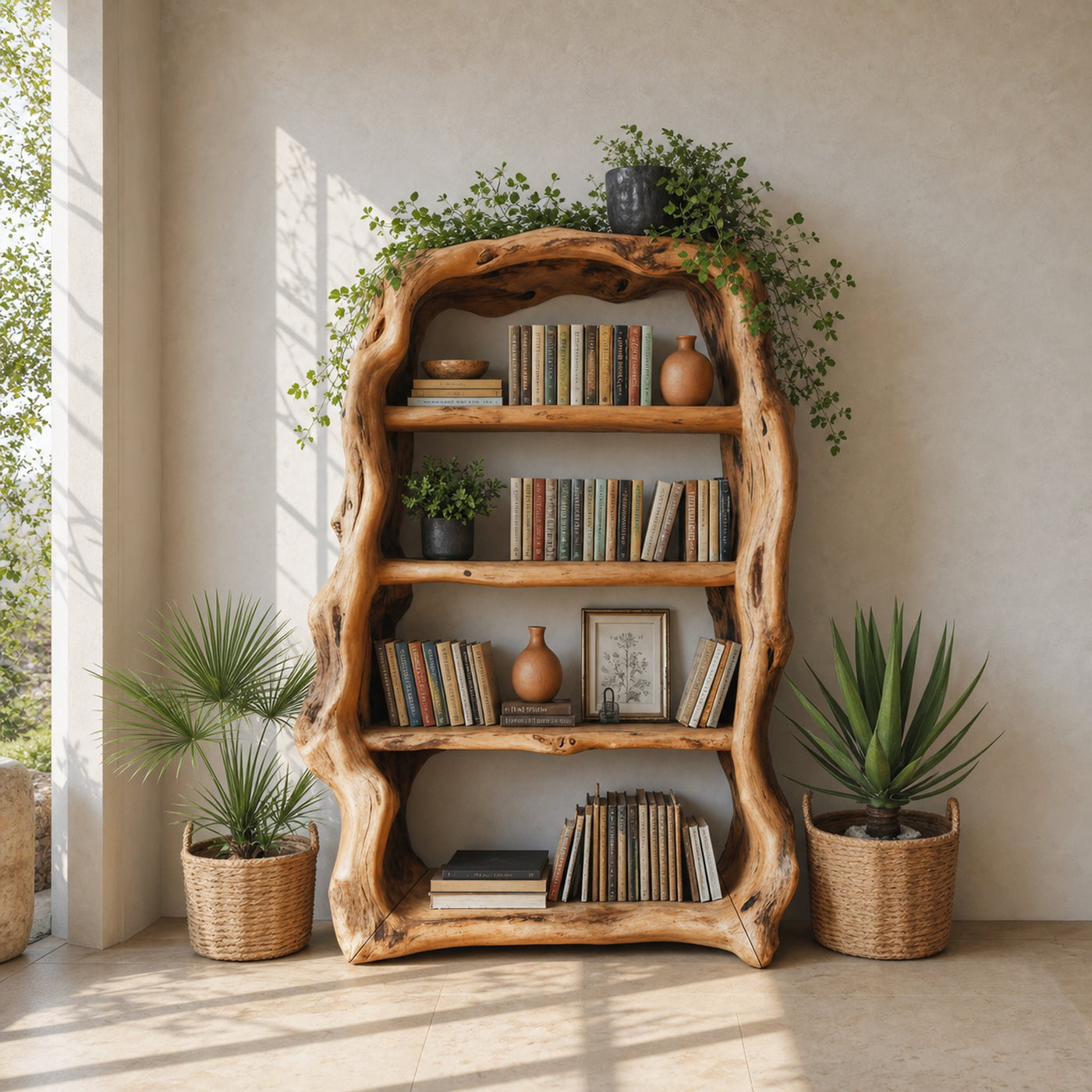 Rustic Sculptural Wooden Bookshelf With Carved Frame For Living Room Or Library