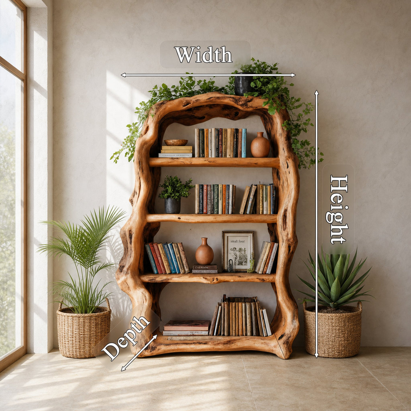 Rustic Sculptural Wooden Bookshelf With Carved Frame For Living Room Or Library - product view 6