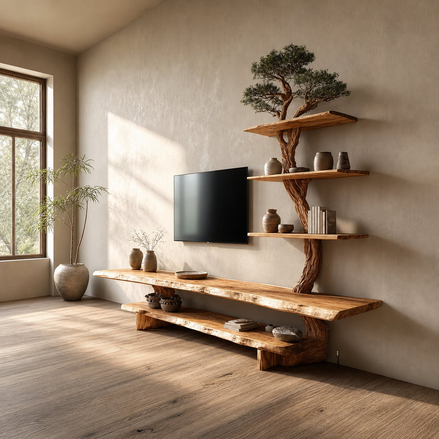Rustic Shelf TV Solid Wood Tree Wall Art Decor Living Room