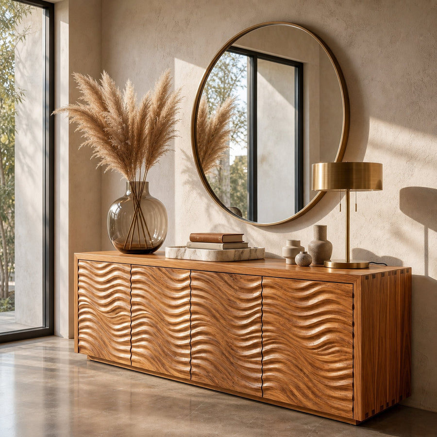 Rustic Sideboard With Hand Carved Wave Wood Doors And Solid Wood Storage For Living Room