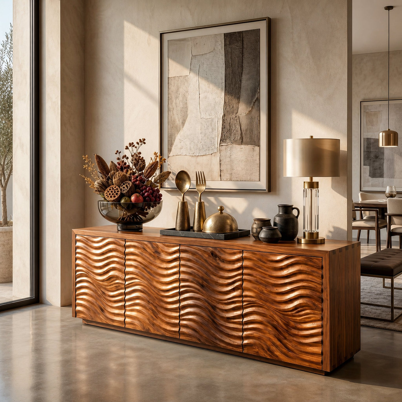 Rustic Sideboard With Hand Carved Wave Wood Doors And Solid Wood Storage For Living Room - product view 6