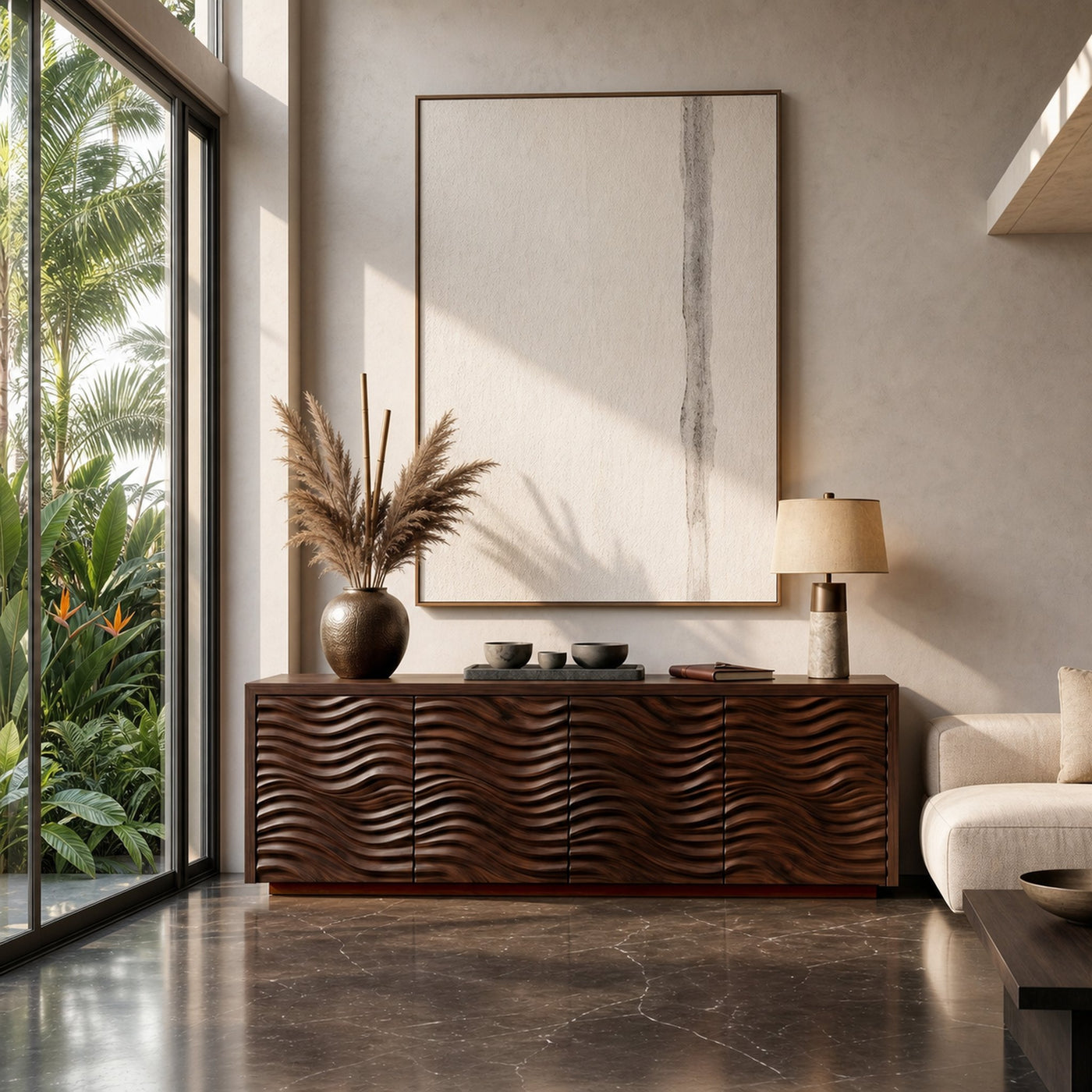 Rustic Sideboard With Hand Carved Wave Wood Doors And Solid Wood Storage For Living Room - product view 7