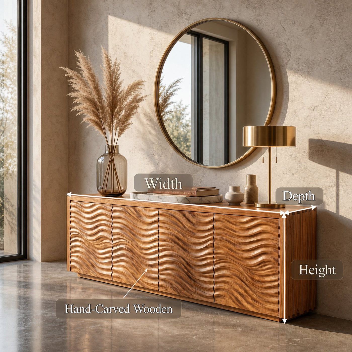 Rustic Sideboard With Hand Carved Wave Wood Doors And Solid Wood Storage For Living Room - product view 8