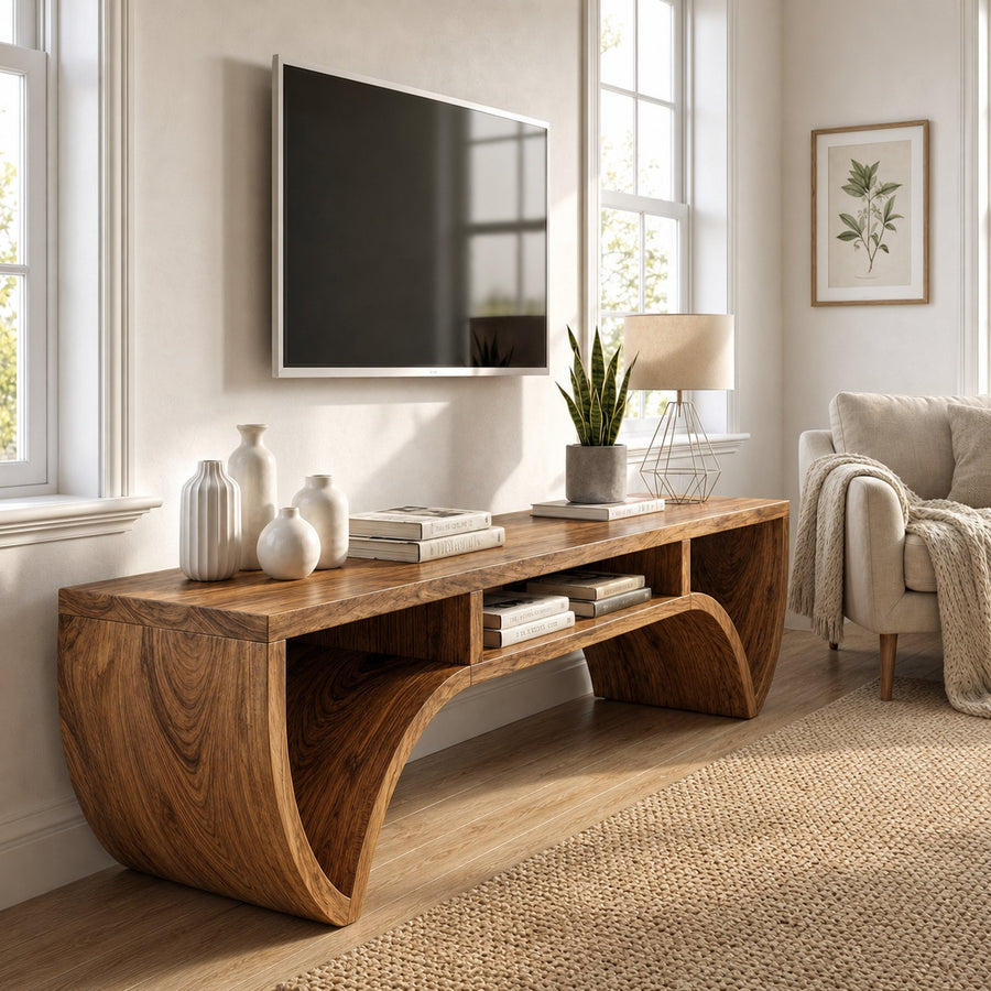 Rustic Solid Wood TV Stand Curved Base Storage Shelf Living Room