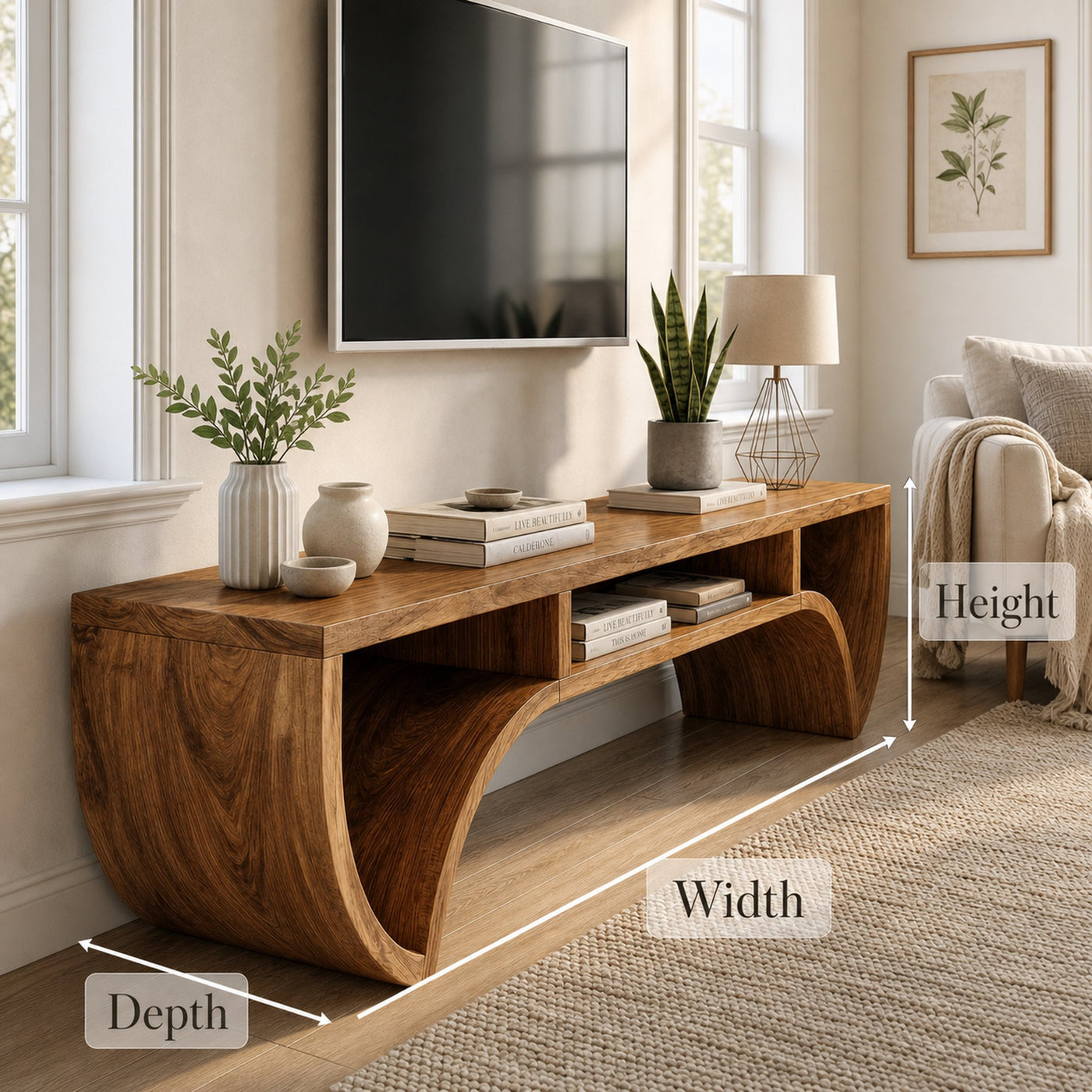 Rustic Solid Wood TV Stand Curved Base Storage Shelf Living Room - product view 6