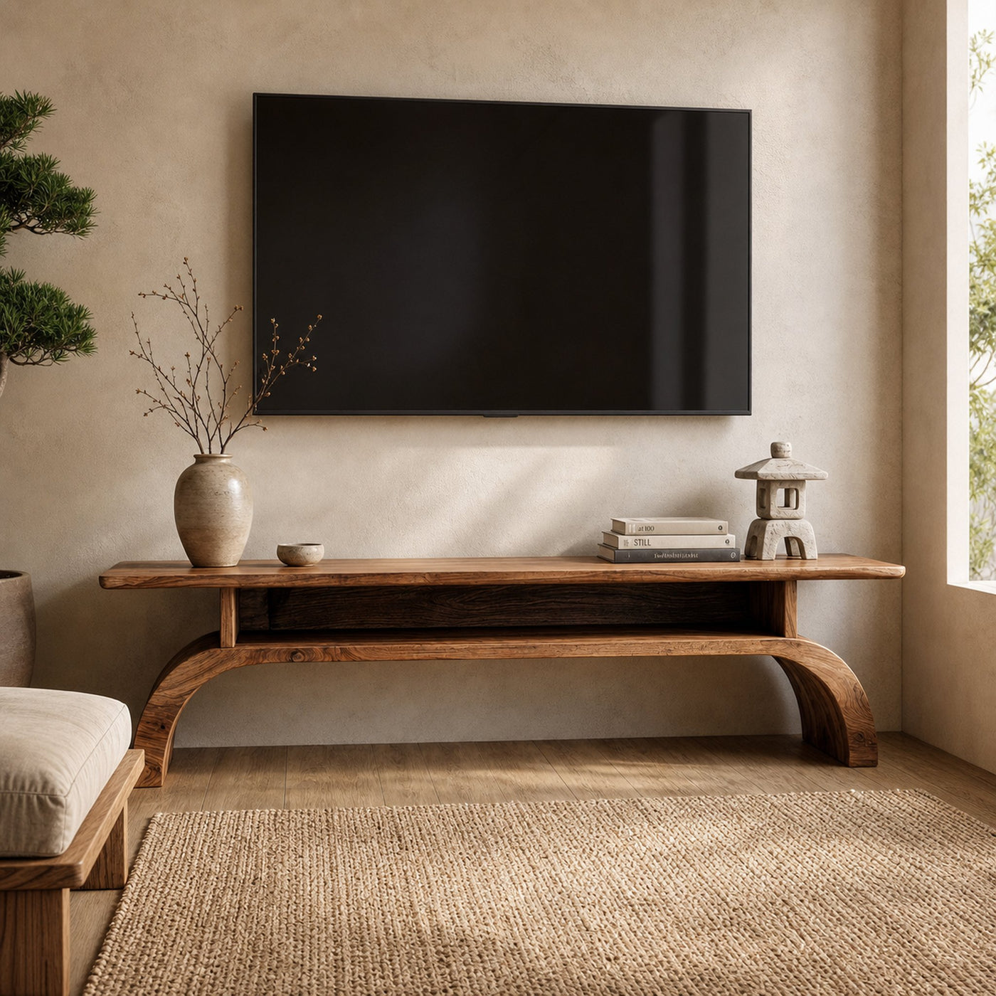 Rustic Solid Wood TV Stand Low Profile Curved Base Living Room