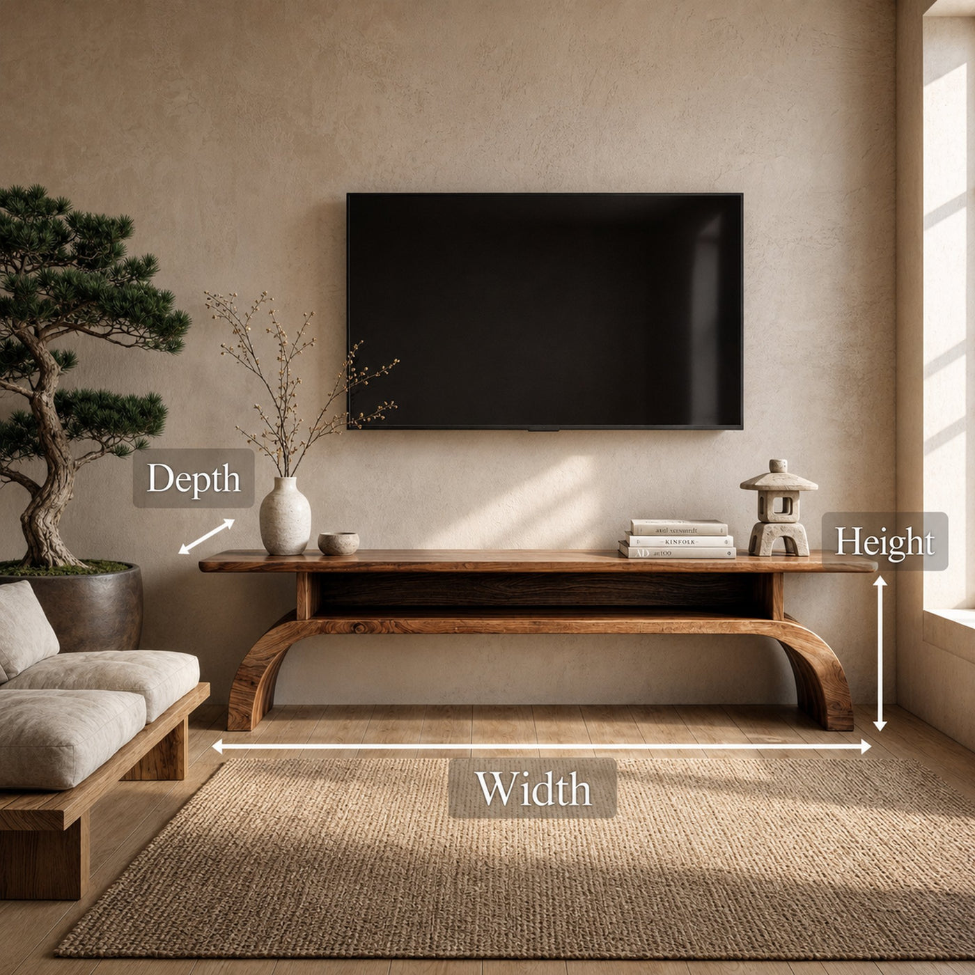 Rustic Solid Wood TV Stand Low Profile Curved Base Living Room - product view 6