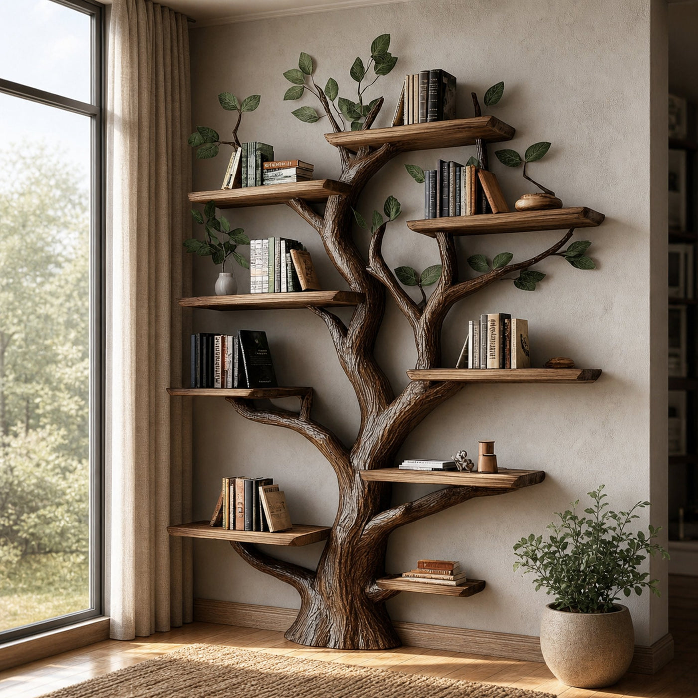 Rustic Solid Wood Tree Bookshelf For Living Room Or Study Room