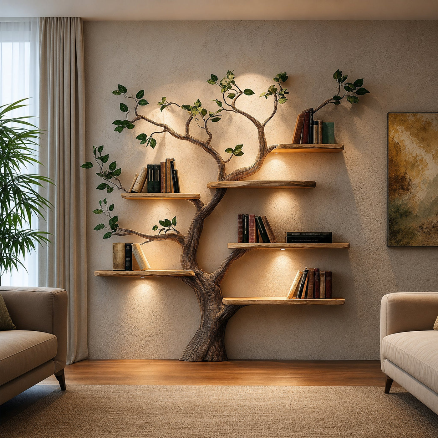 Rustic Solid Wood Tree Bookshelf For Living Room Wall Decor