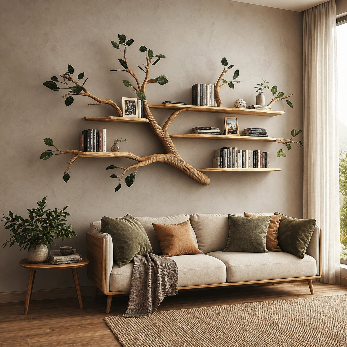 Rustic Solid Wood Tree Branch Floating Bookshelf Living Room