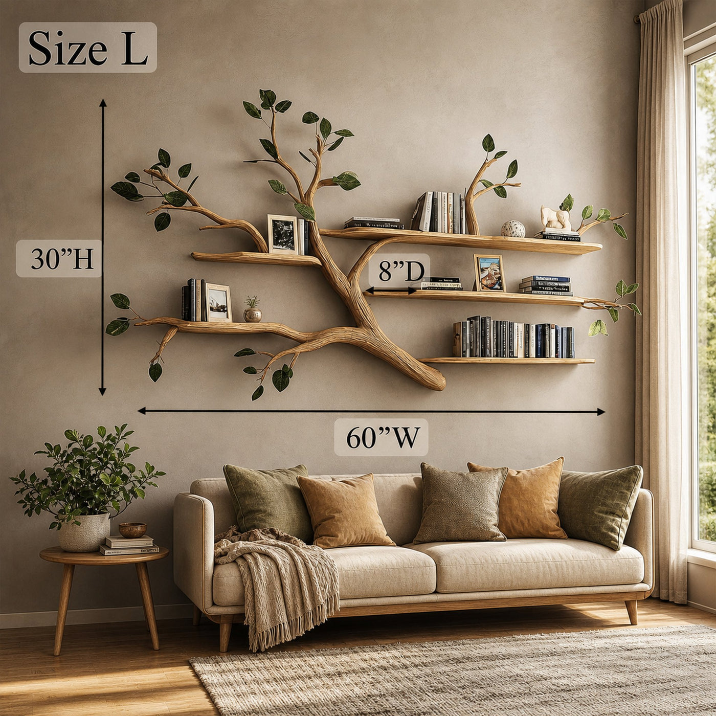Rustic Solid Wood Tree Branch Floating Bookshelf Living Room - product view 6