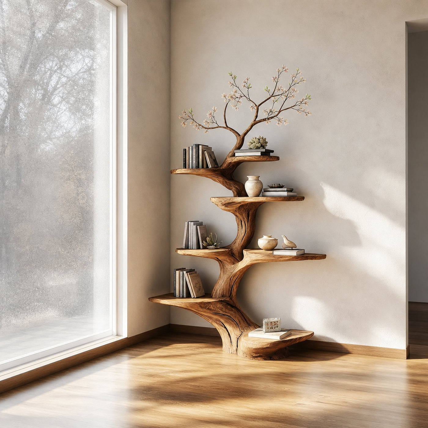 Rustic Statement Tree Shelf Living Room Artistic Display - product view 2
