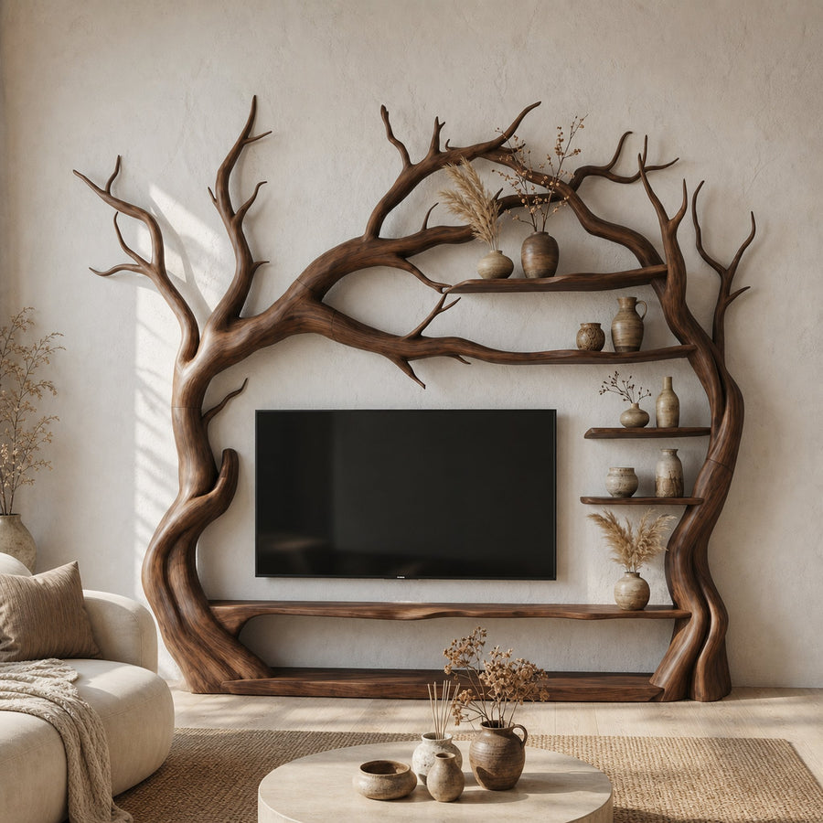 Rustic Statement Tree TV Console For Living Room And Artistic Interior