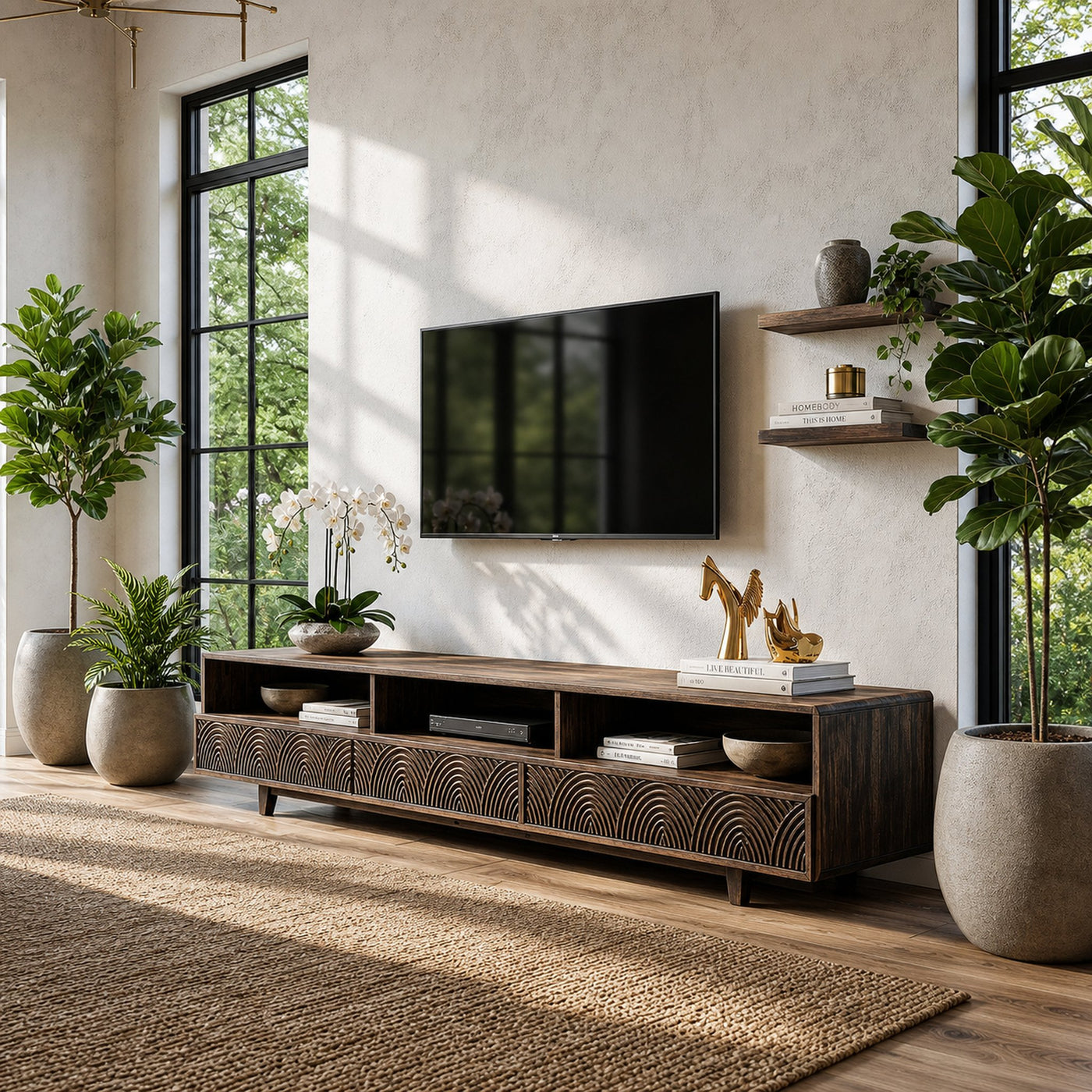 Rustic TV Cabinet Handcrafted Wood Storage Design For Living Room