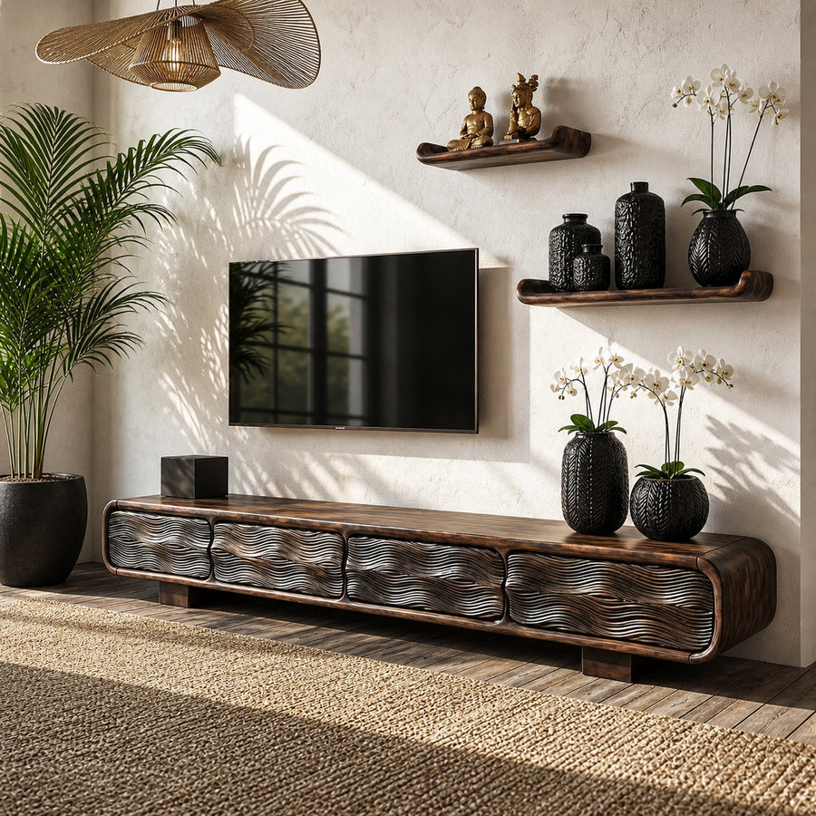 Rustic TV Cabinet Handcrafted Wood Storage Design For Living Room Entertainment Space