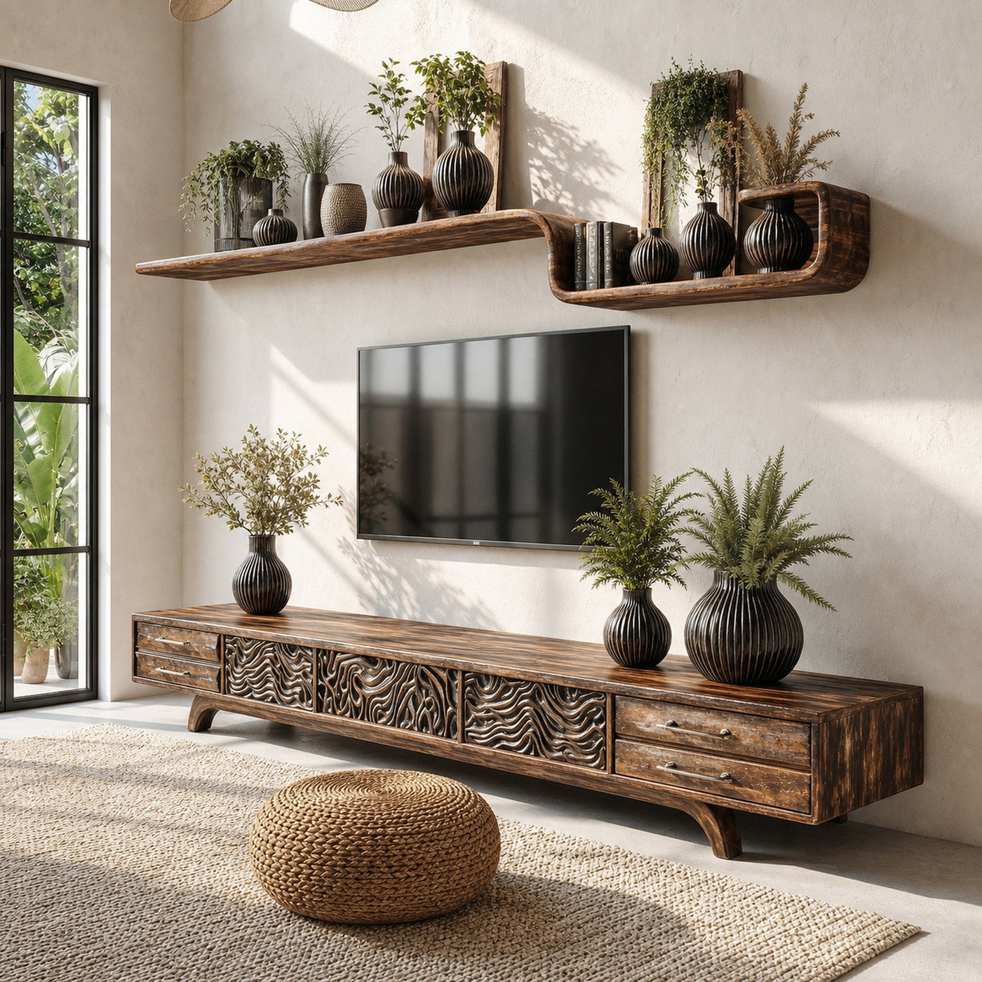 Rustic TV Cabinet Nature Inspired Media Console For Living Room