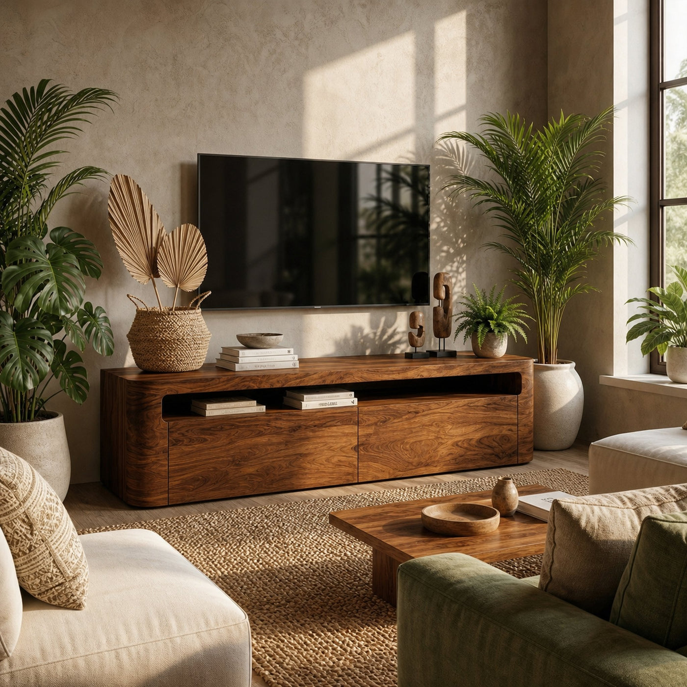 Rustic TV Cabinet Solid Wood Curved Edge Storage Living Room - product view 6