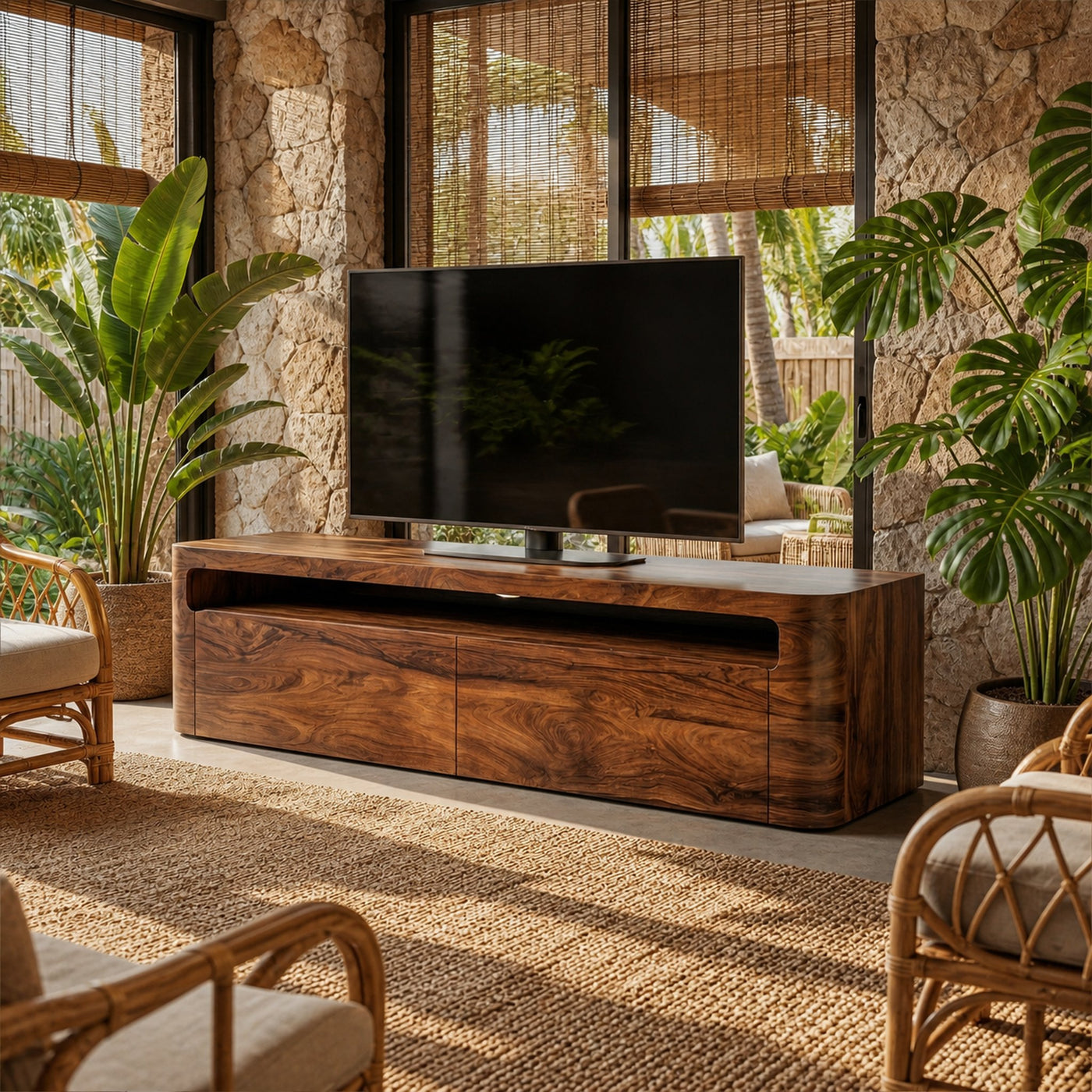 Rustic TV Cabinet Solid Wood Curved Edge Storage Living Room - product view 7