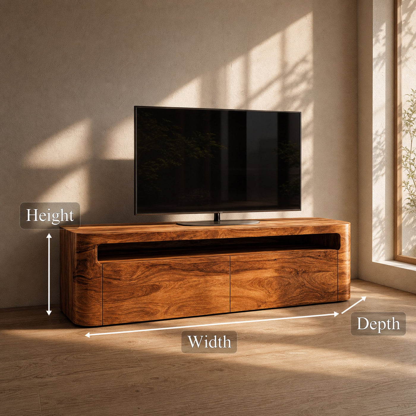 Rustic TV Cabinet Solid Wood Curved Edge Storage Living Room - product view 8