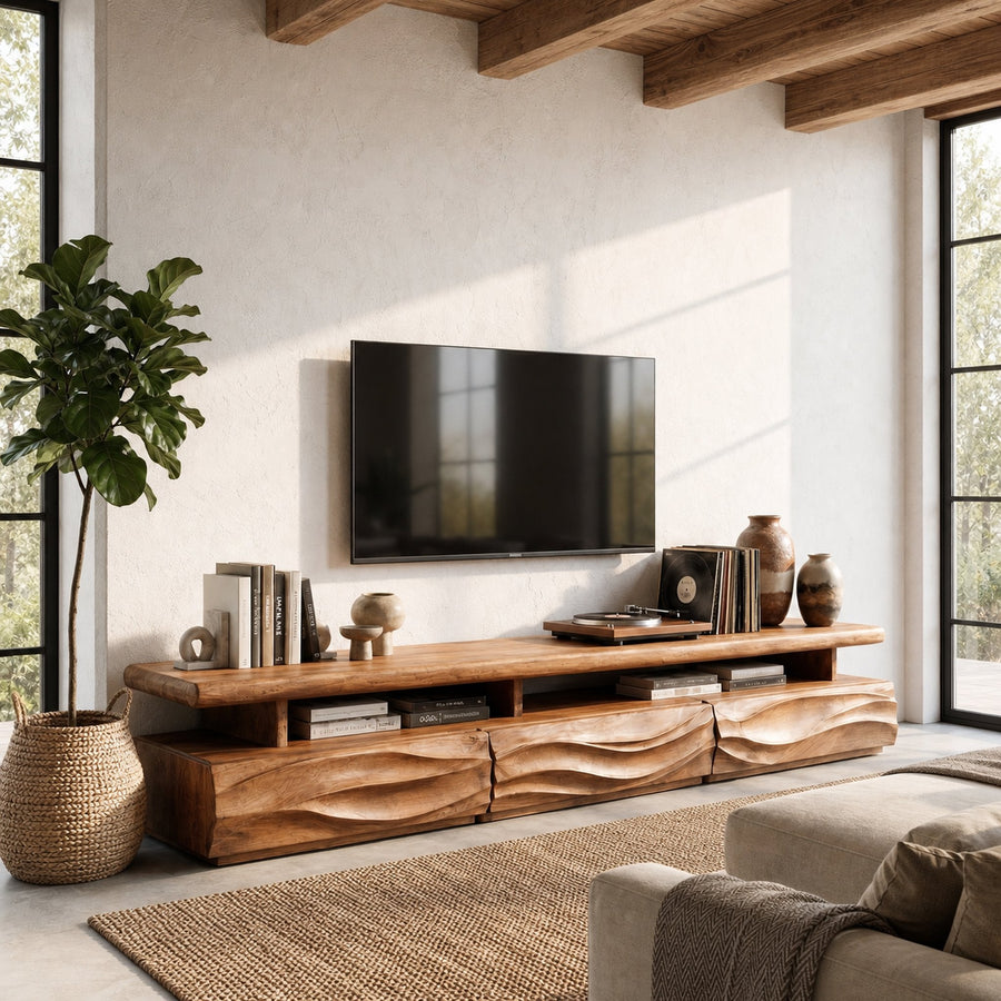 Rustic TV Cabinet With Open Storage Shelf And Wave Front Drawers For Living Room