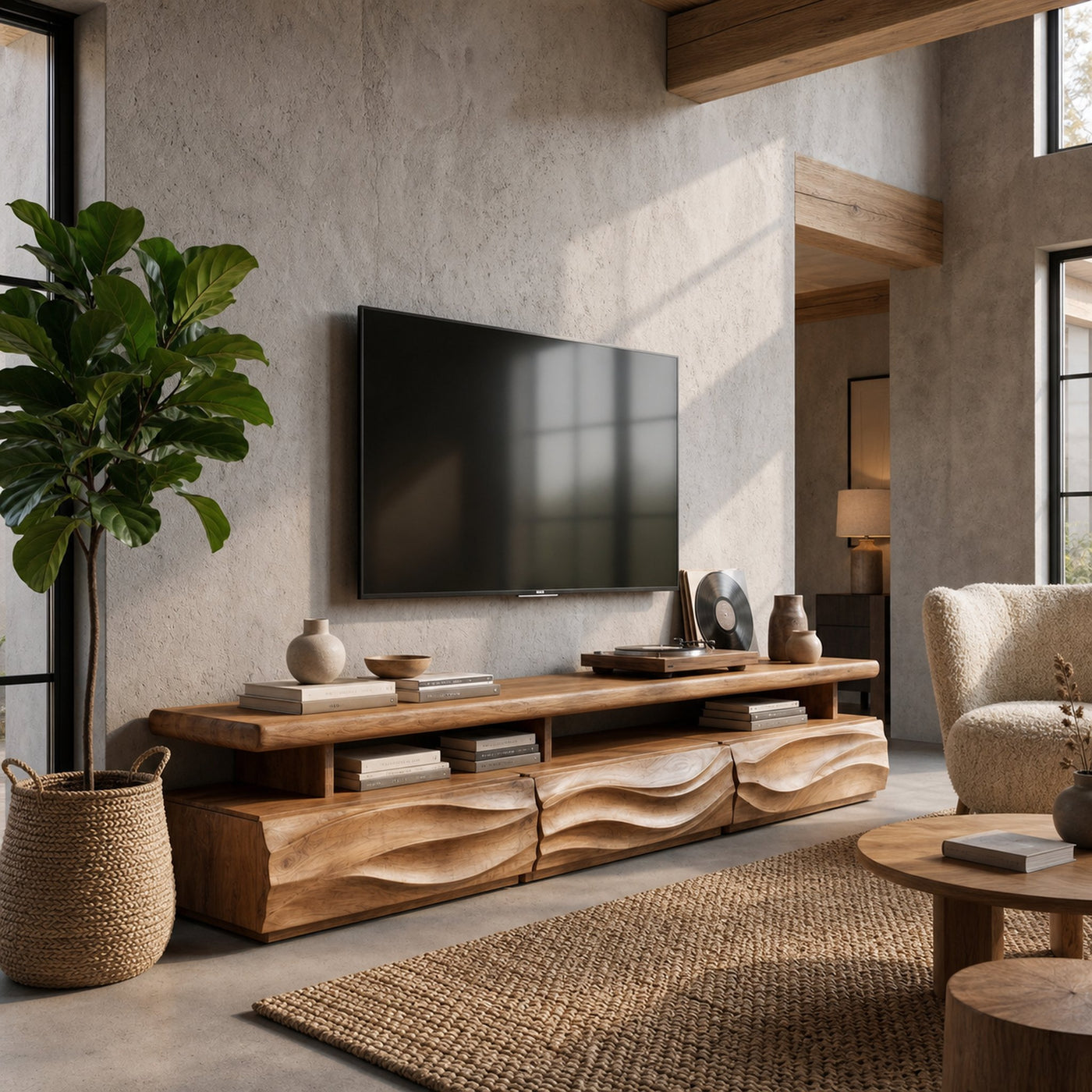 Rustic TV Cabinet With Open Storage Shelf And Wave Front Drawers For Living Room - product view 6