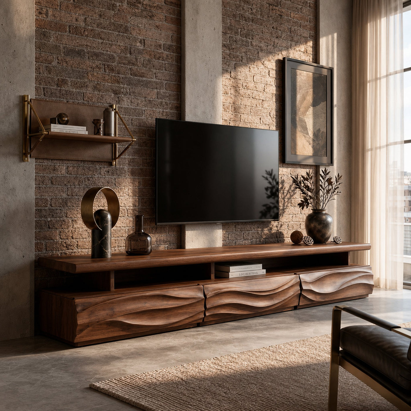 Rustic TV Cabinet With Open Storage Shelf And Wave Front Drawers For Living Room - product view 7