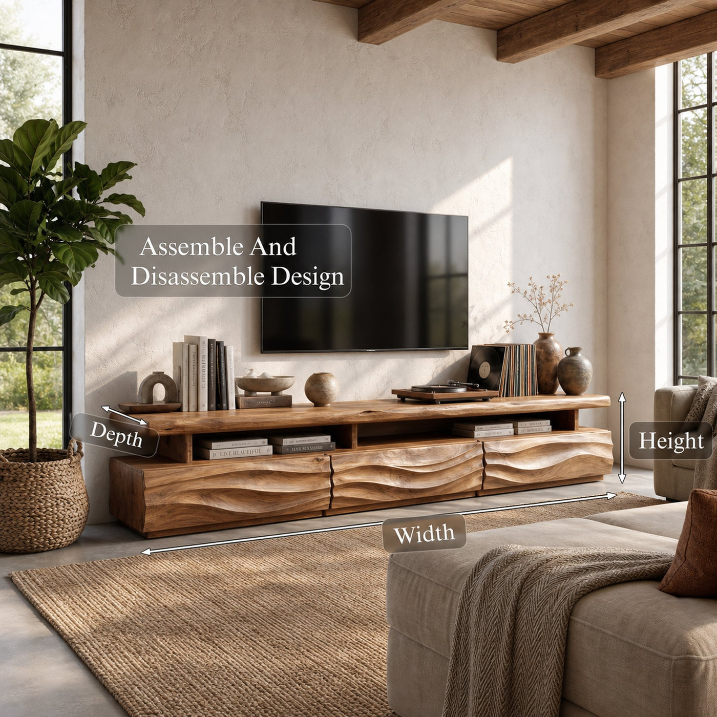 Rustic TV Cabinet With Open Storage Shelf And Wave Front Drawers For Living Room - product view 8