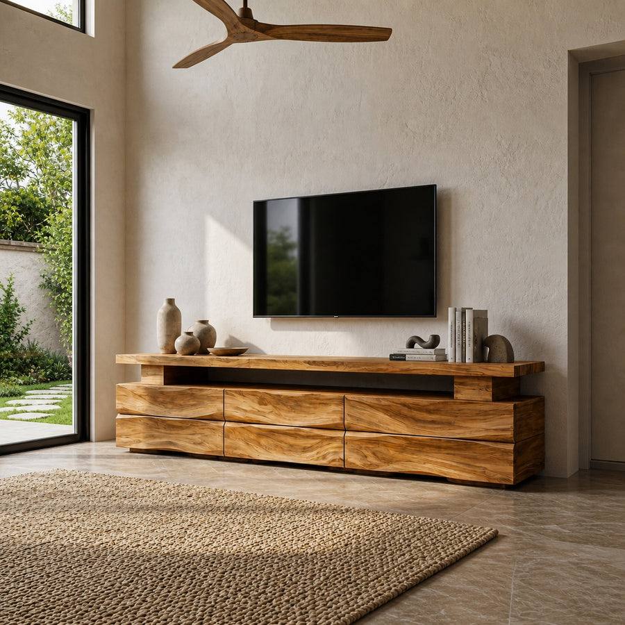 Rustic TV Cabinet With Wave Front Drawers And Open Storage Shelf For Living Room