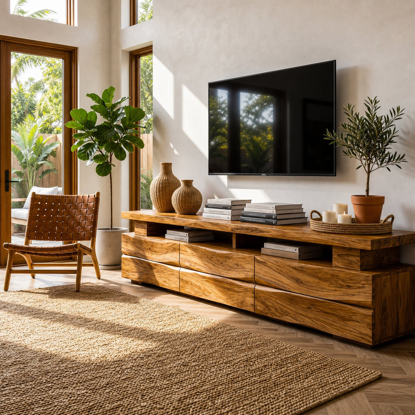 Rustic TV Cabinet With Wave Front Drawers And Open Storage Shelf For Living Room - product view 6