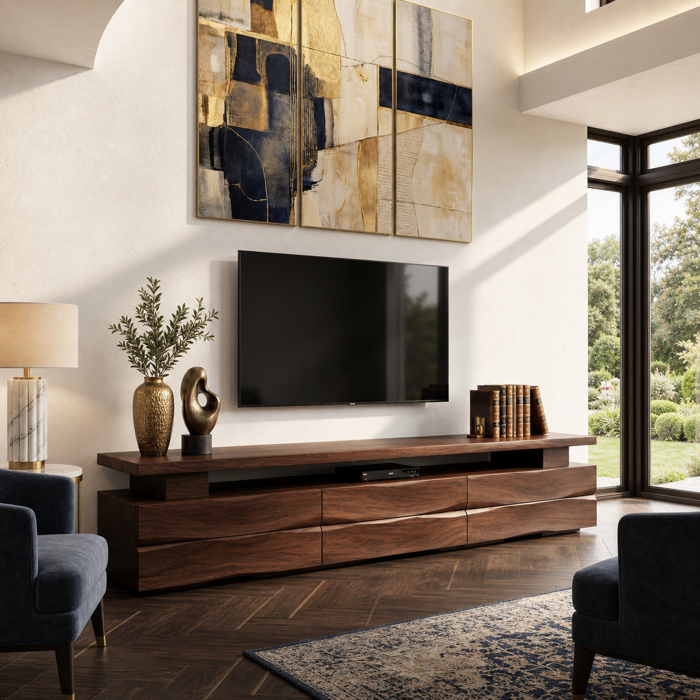 Rustic TV Cabinet With Wave Front Drawers And Open Storage Shelf For Living Room - product view 7
