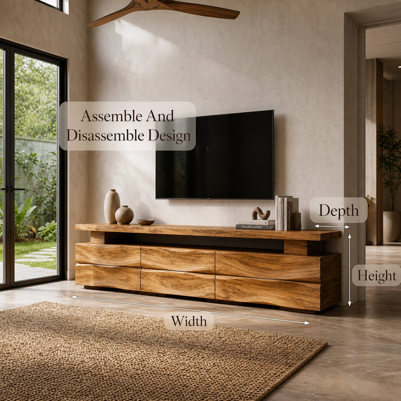Rustic TV Cabinet With Wave Front Drawers And Open Storage Shelf For Living Room - product view 8