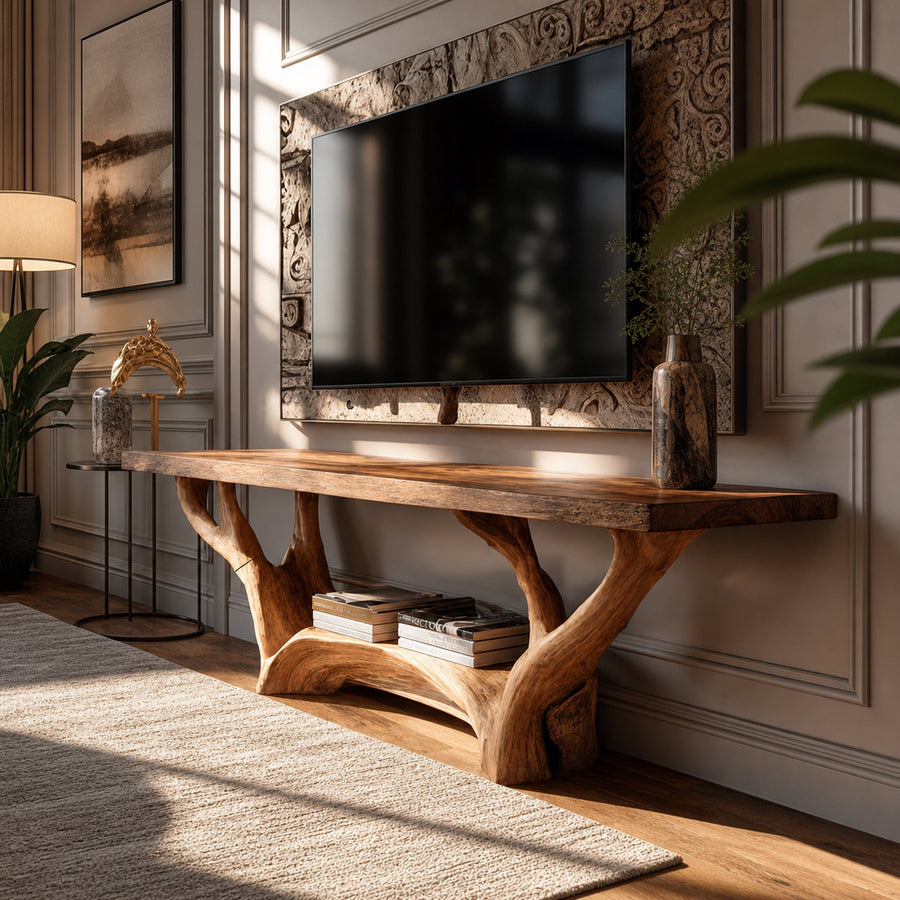 Rustic TV Console Sculpted Wood Base Living Room Display