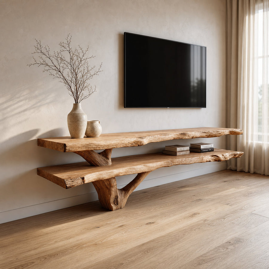 Rustic TV Console Table Live Edge Double Shelf Living Room