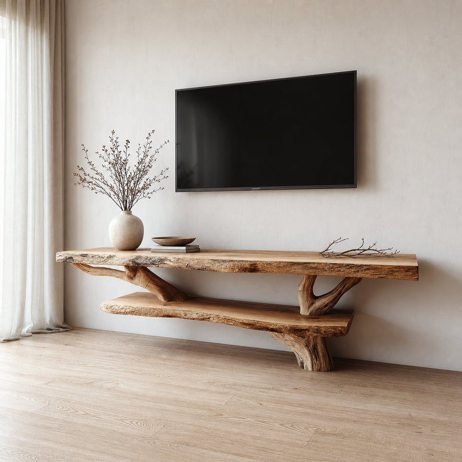 Rustic TV Console Table Live Edge Double Tier Living Room