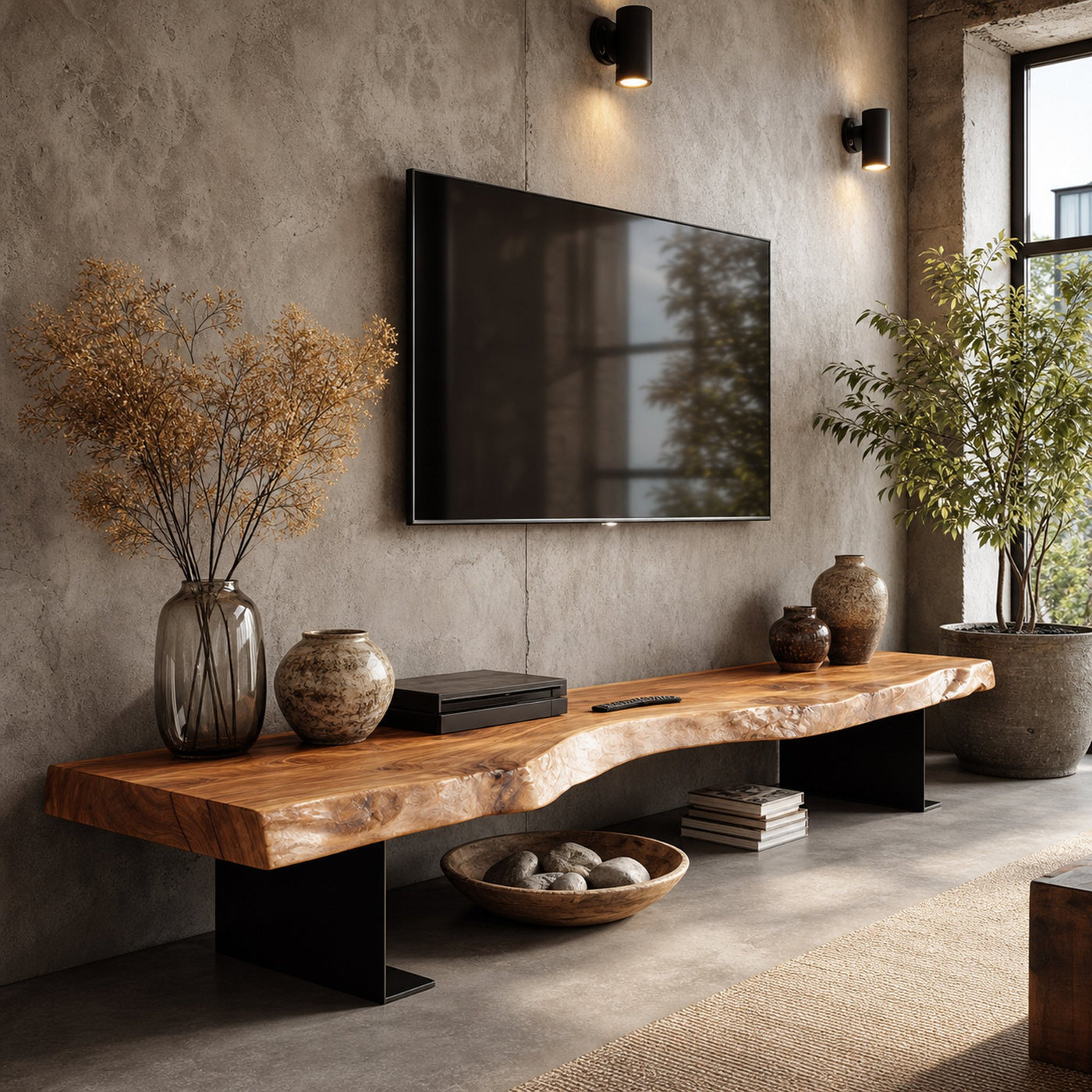 Rustic TV Console Table Live Edge Wood Living Room