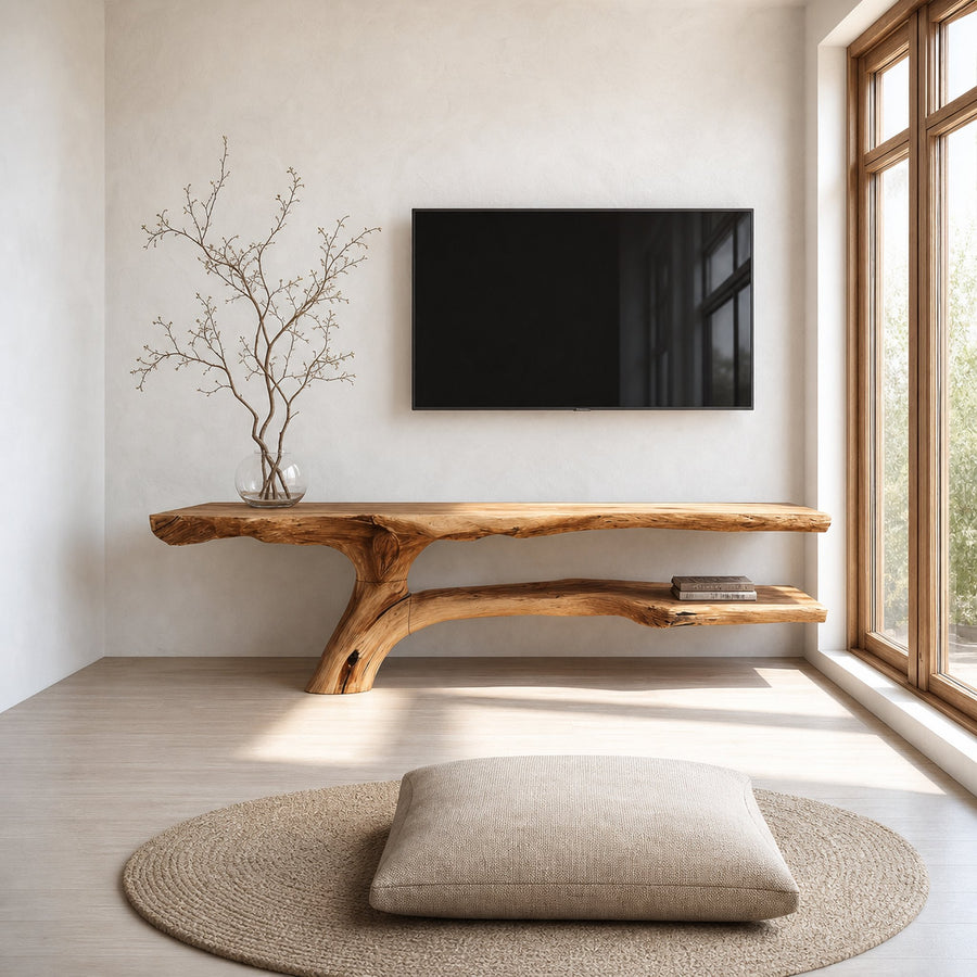 Rustic TV Console Table Live Edge Wood Root Base Living Room