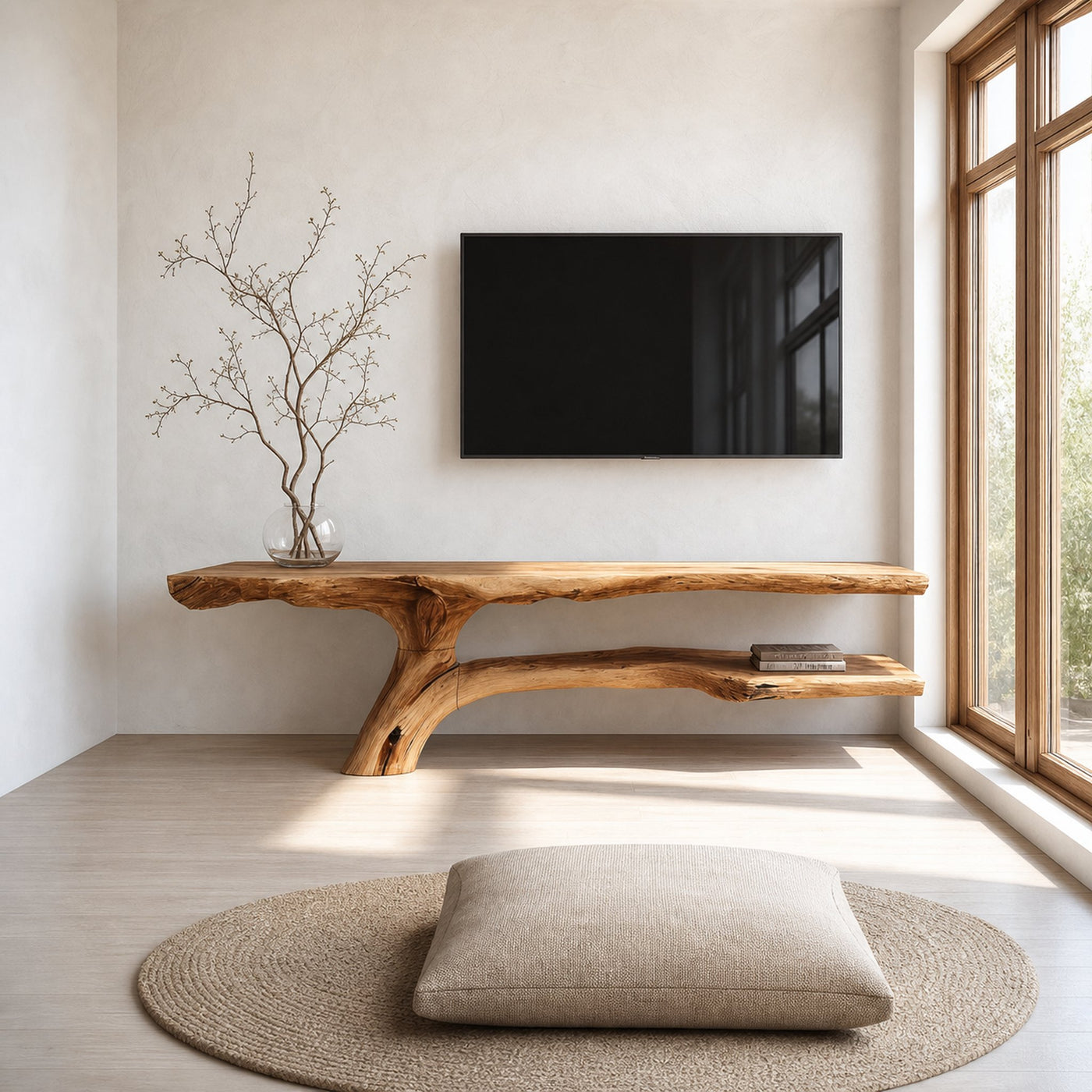 Rustic TV Console Table Live Edge Wood Root Base Living Room