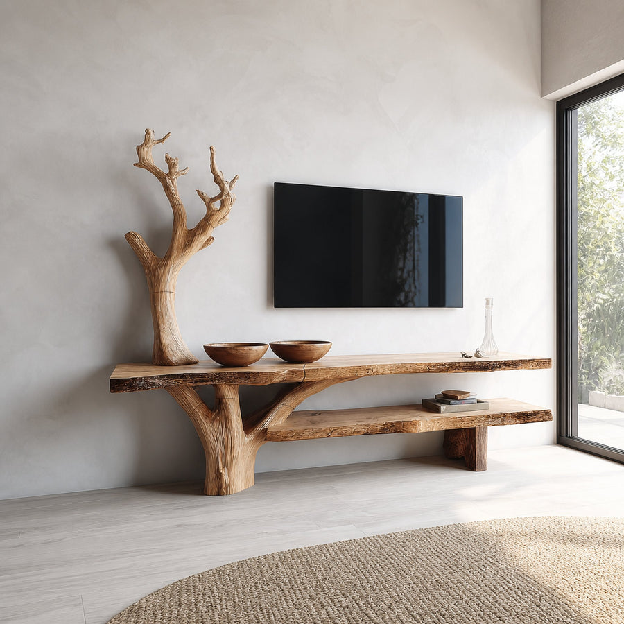 Rustic TV Console Table Sculpted Wood Base Living Room