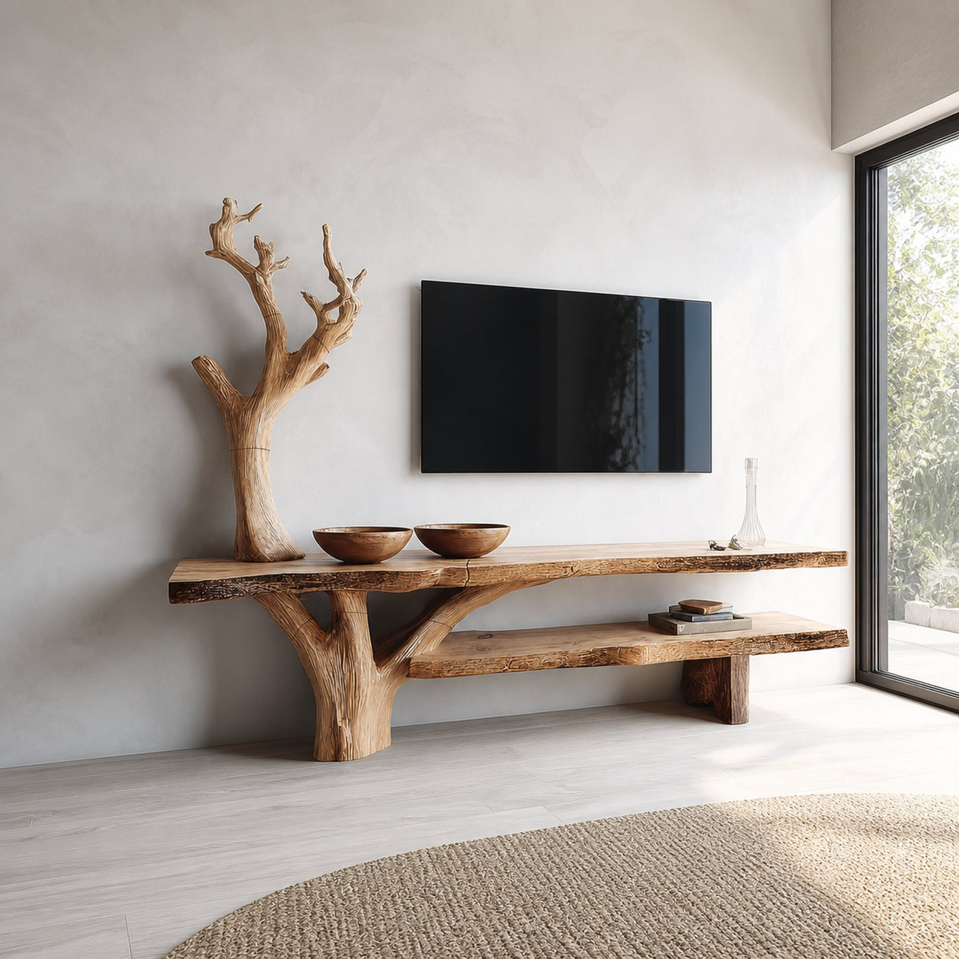 Rustic TV Console Table Sculpted Wood Base Living Room