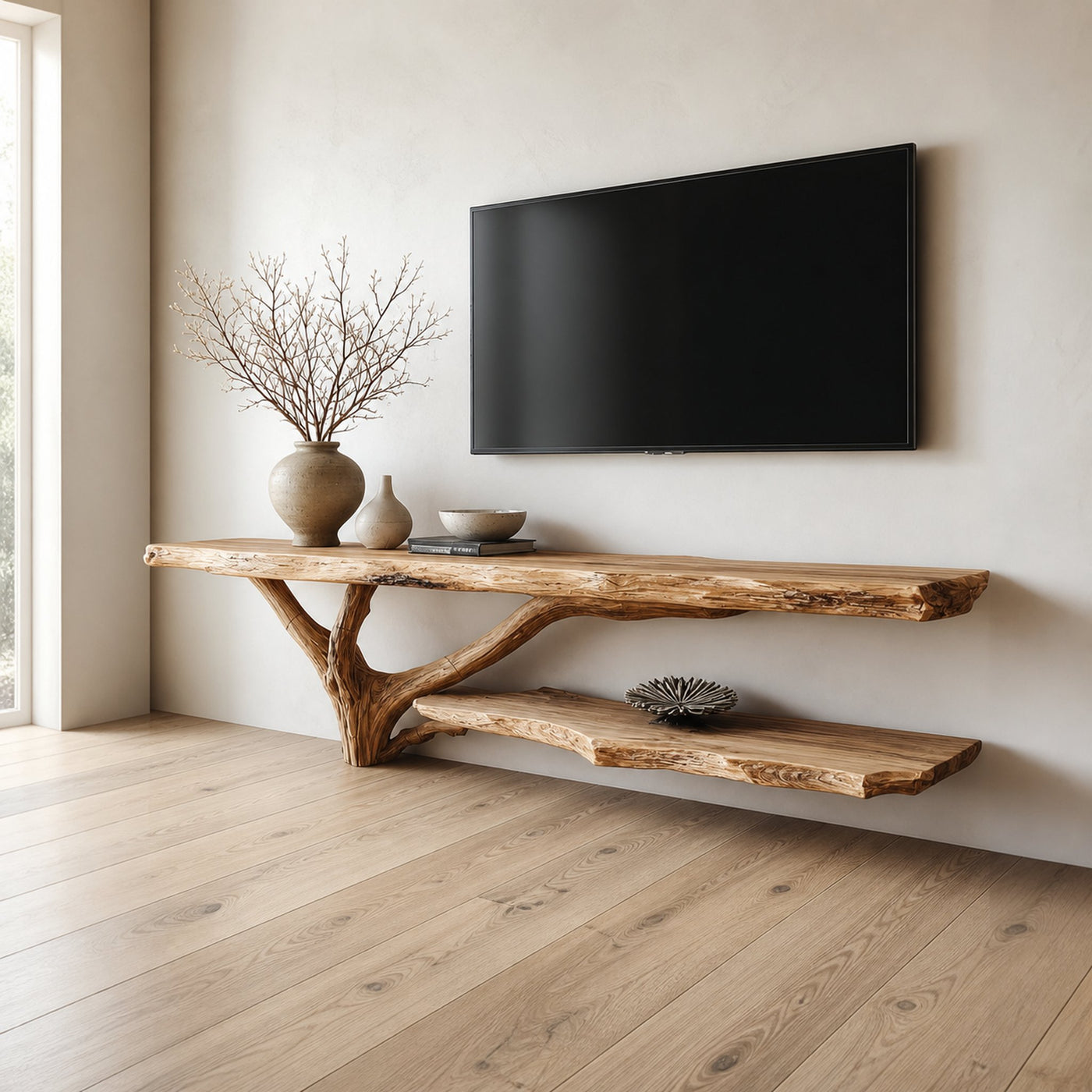 Rustic TV Console Two Tier Live Edge Apartment Space