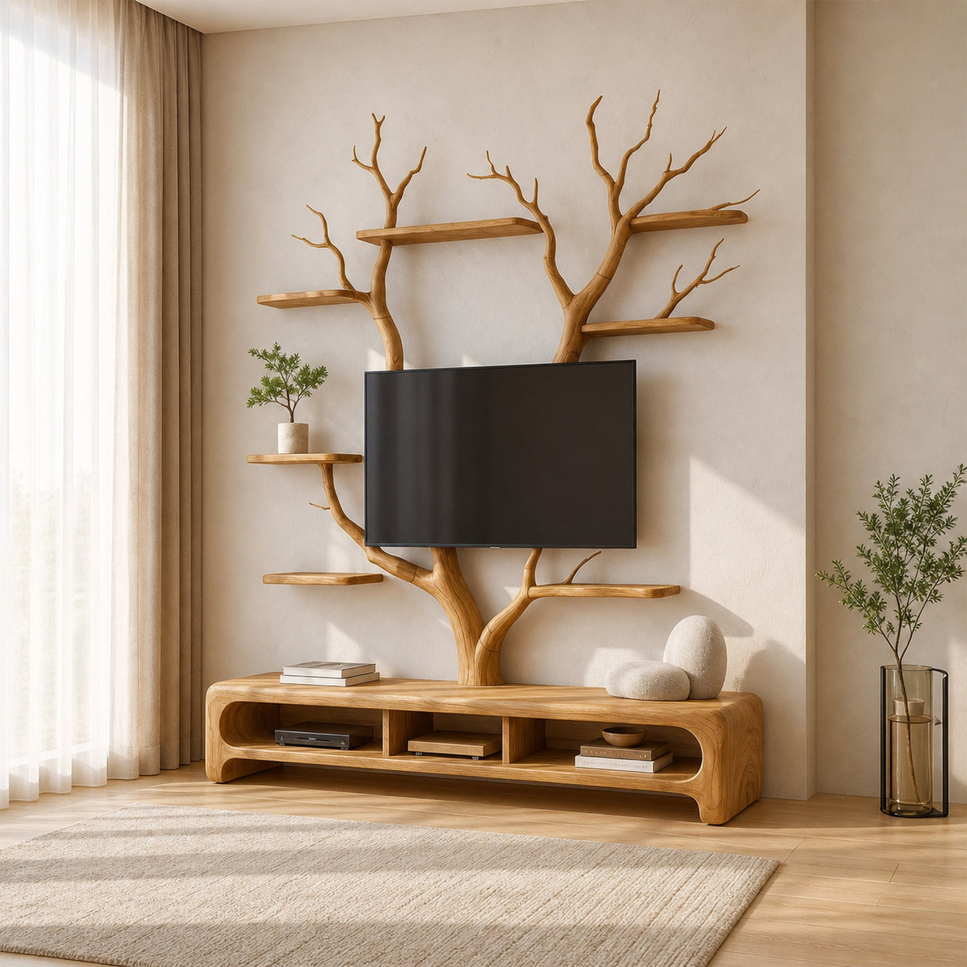 Rustic TV Stand Tree Shelf Living