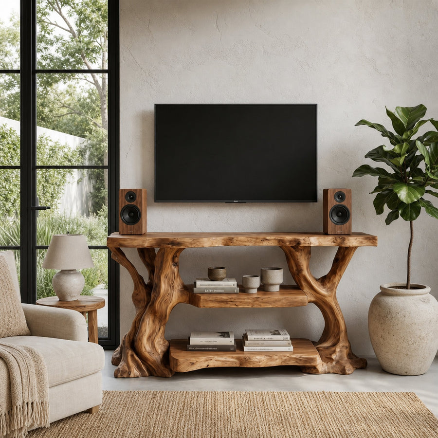 Rustic TV Stand With Natural Wood Sculptural Frame For Living Room