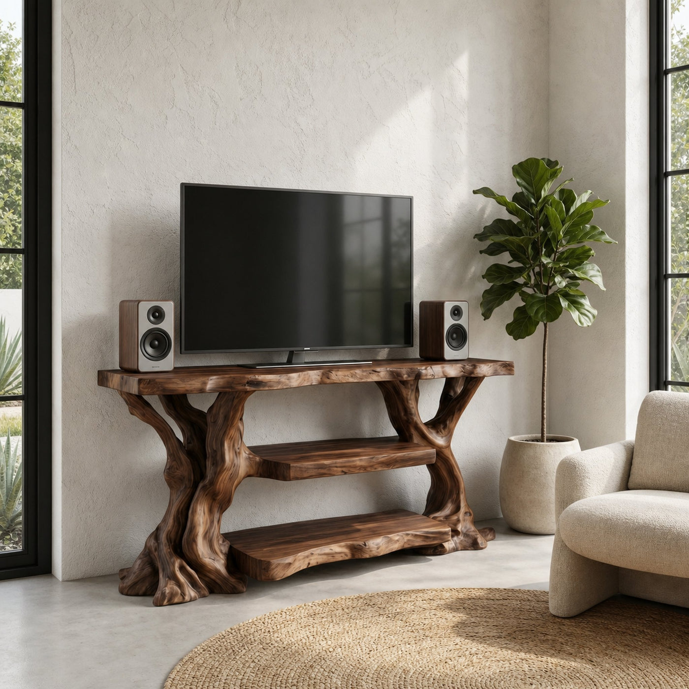 Rustic TV Stand With Natural Wood Sculptural Frame For Living Room - product view 7