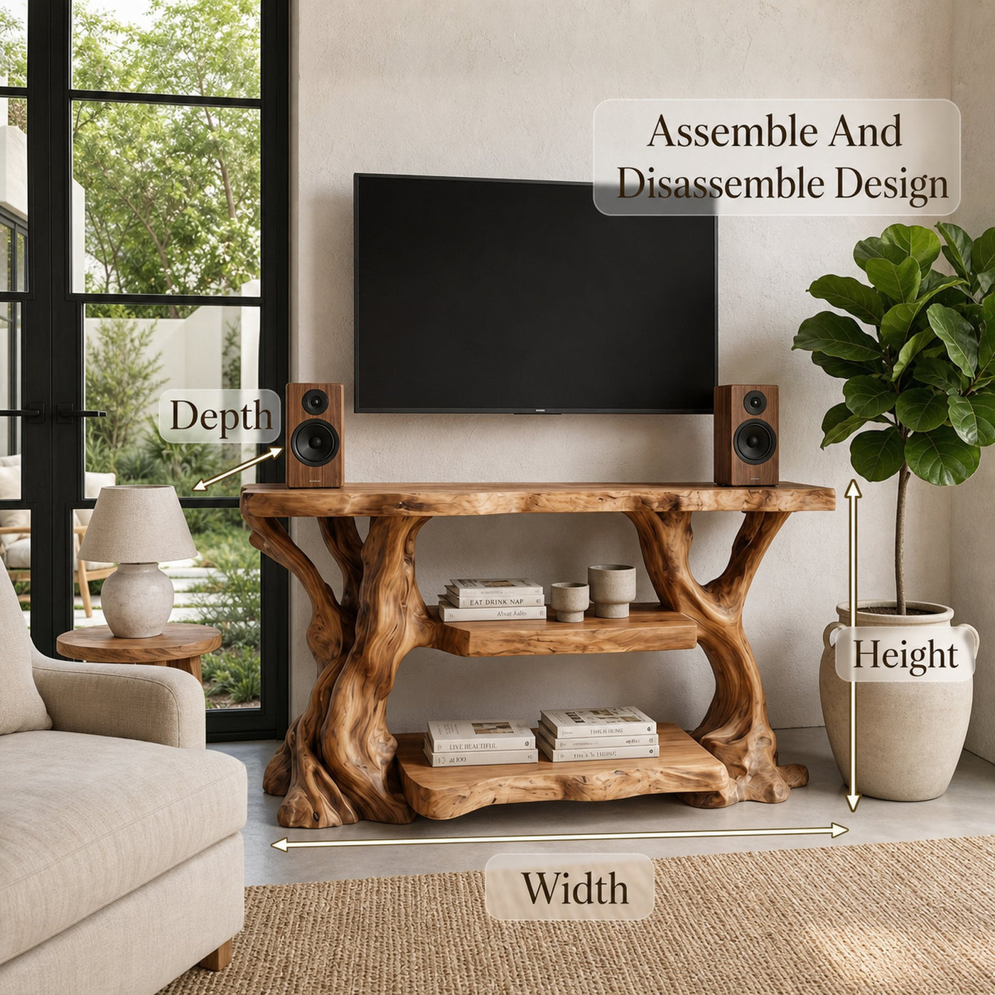 Rustic TV Stand With Natural Wood Sculptural Frame For Living Room - product view 8