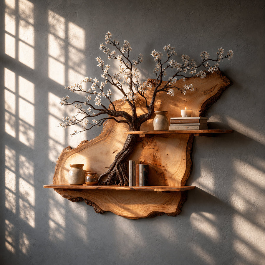 Rustic Tre Bookshelf Solid Wood Wall Art Decor Office