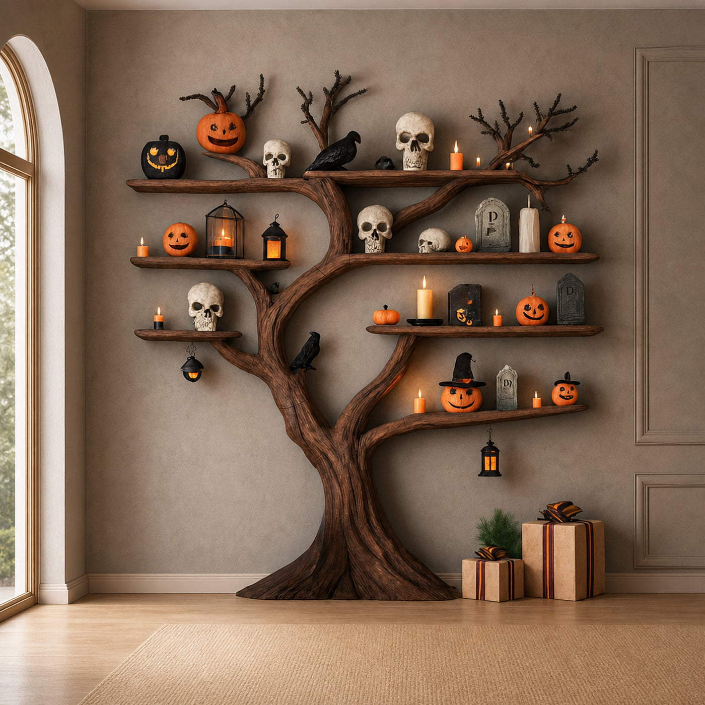 Rustic Tree Bookcase Entryway Halloween