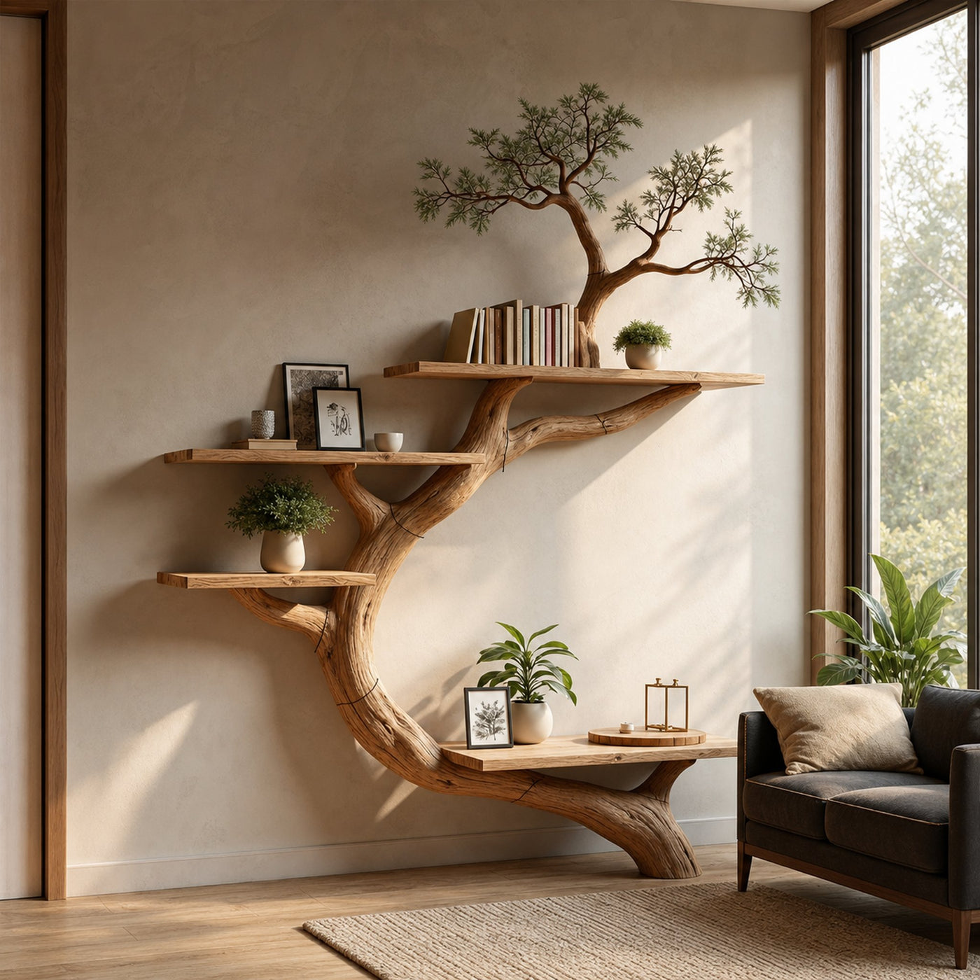 Rustic Tree Bookcase Floating Shelf Decoration Living Room