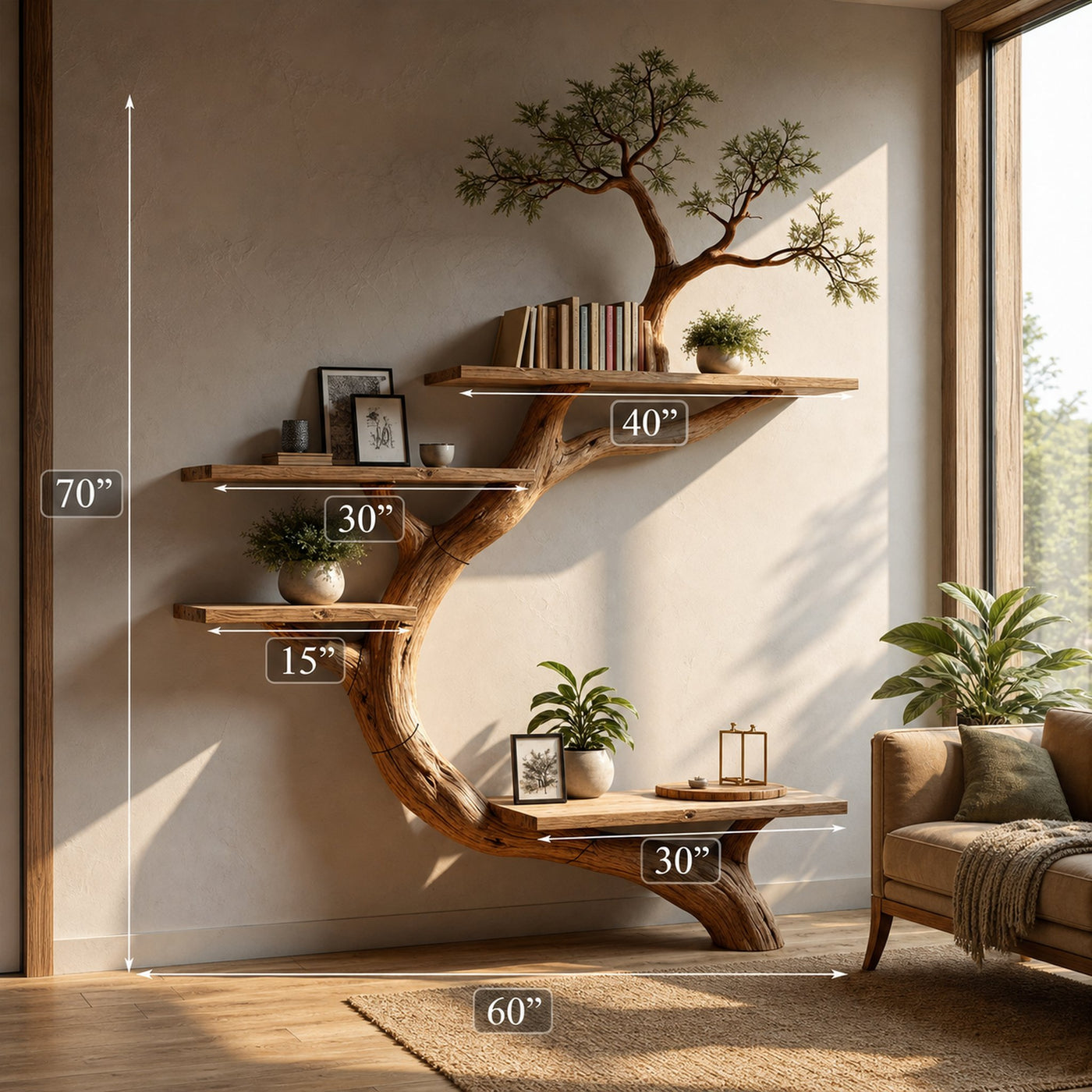 Rustic Tree Bookcase Floating Shelf Decoration Living Room - product view 6