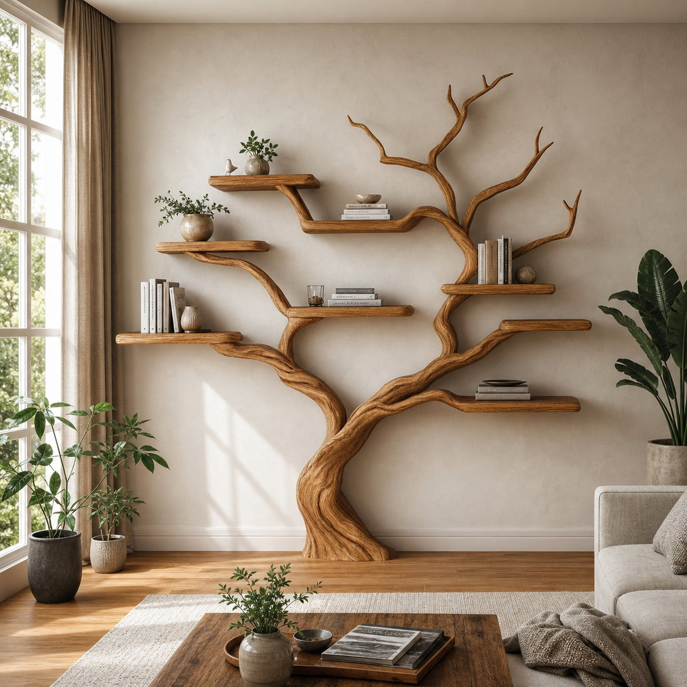 Rustic Tree Bookcase Living Room Interior Balanced Display