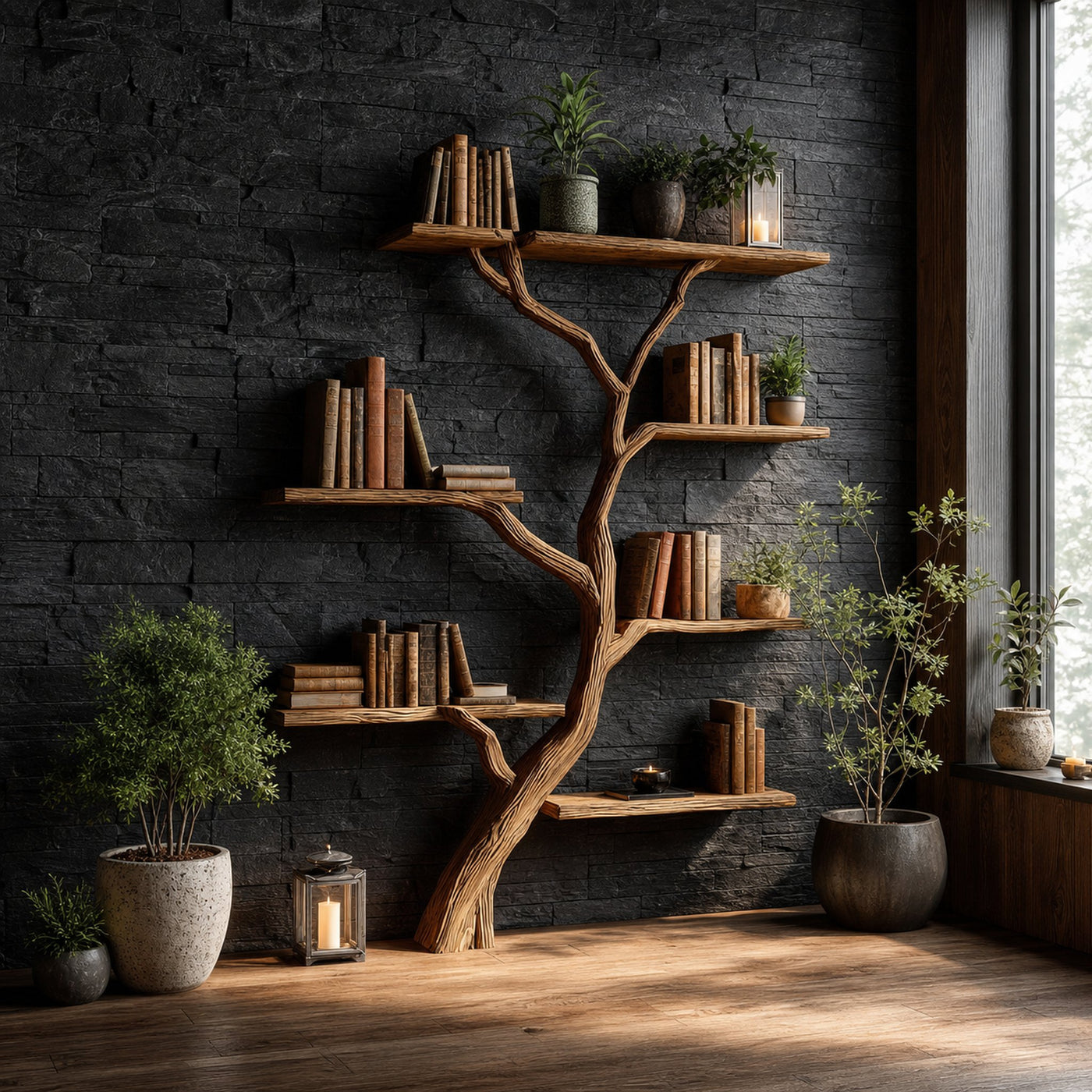 Rustic Tree Bookcase Reading Nook